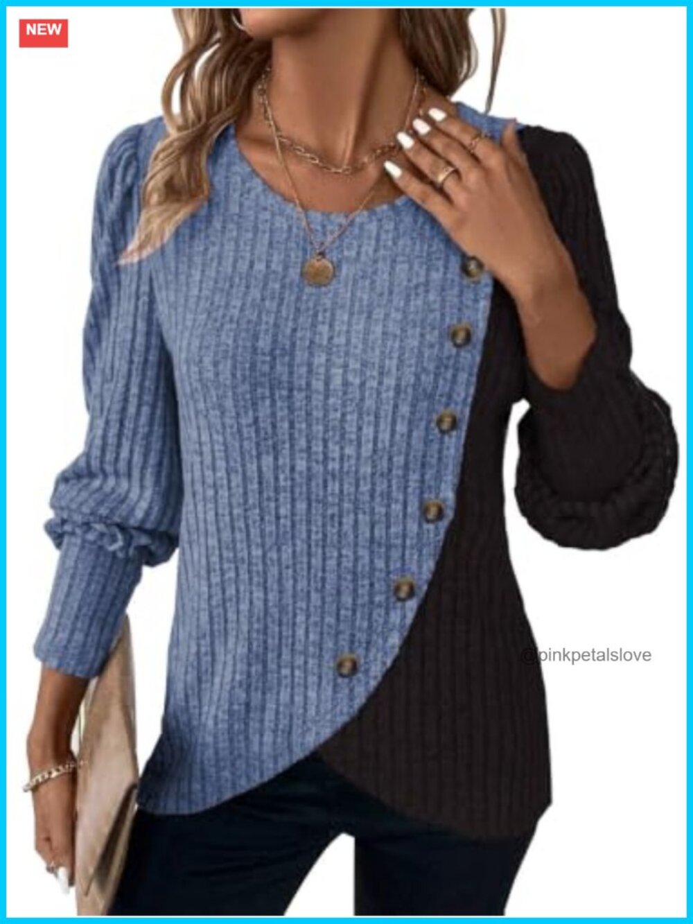 Womens Ribbed Knit Colorblock Button Pullover Tunic Sweater